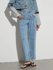 Belt Wide Leg Denim Pants For Women Spliced Button Hollow Out