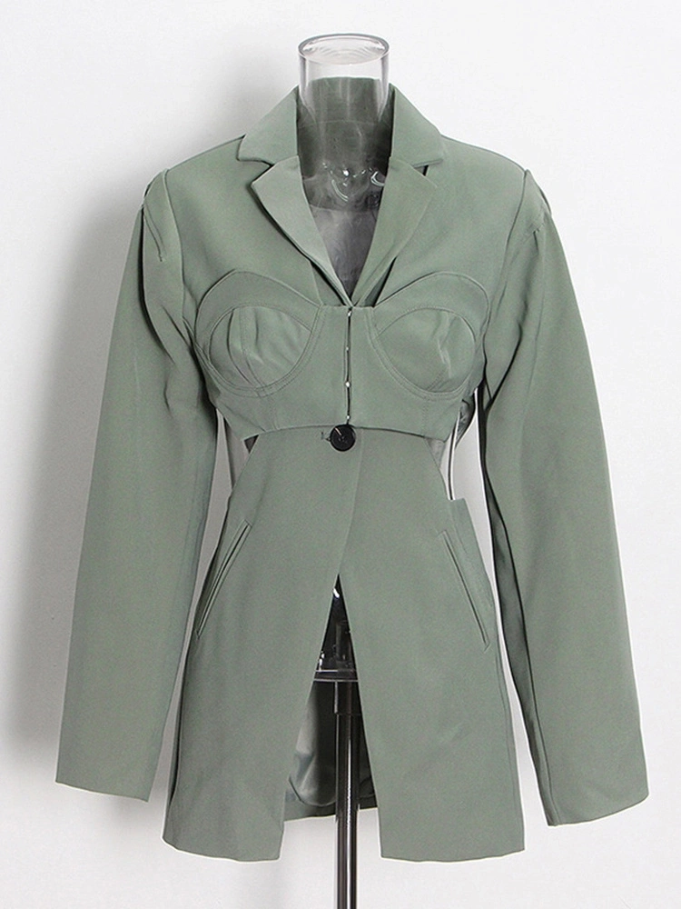 TWOTWINSTYLE Cut Out Single Breasted  Irregular Blazer For Women Notched Collar