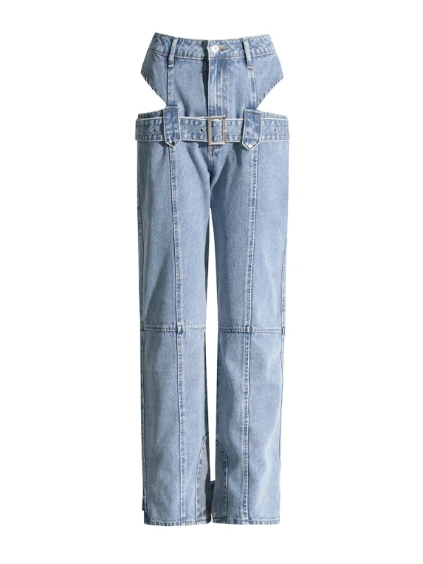 TWOTWINSTYLE  Belt Wide Leg Denim Pants For Women Spliced Button Hollow Out