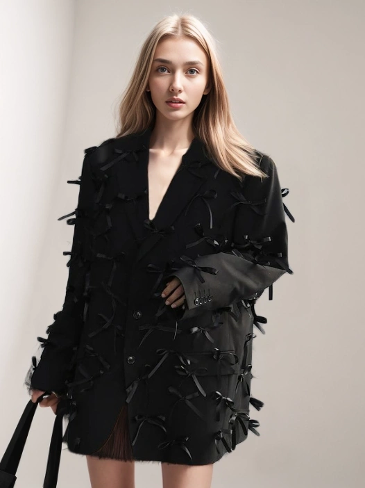 TWOTWINSTYLE Spliced  Three Dimensional Bow V Neck Women Blazer