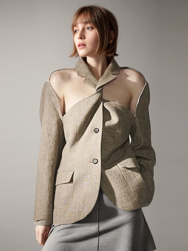 TWOTWINSTYLE Hollow Out  Blazers For Women Lapel  Spliced Single Breasted