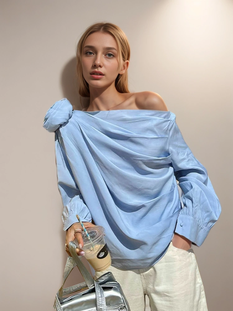 TWOTWINSTYLE New Slant Shoulder Tops  Flower Women Shirt
