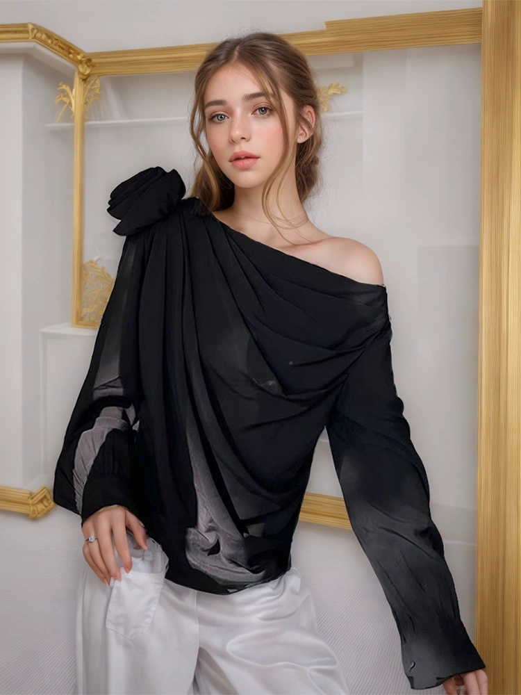 TWOTWINSTYLE New Slant Shoulder Tops  Flower Women Shirt