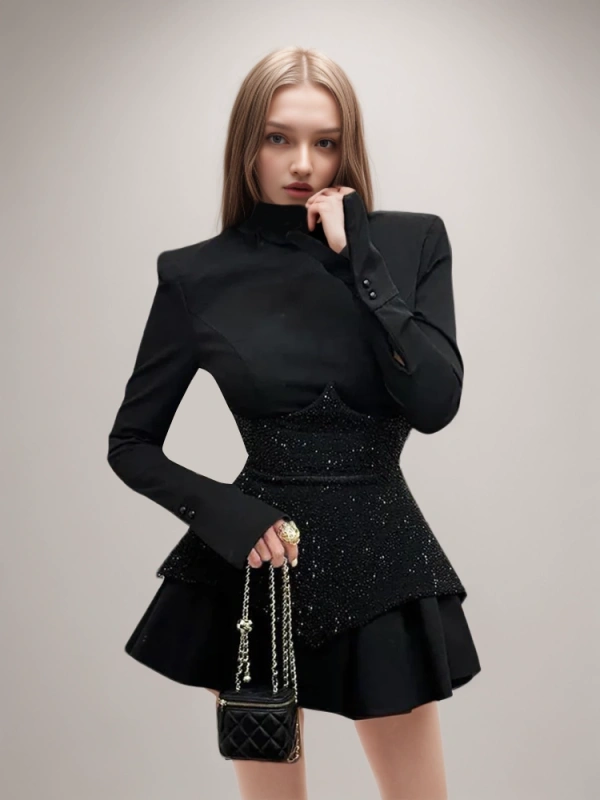 Sequin Patchwork  Black Round Neck Long Sleeve Women Mini Dresses