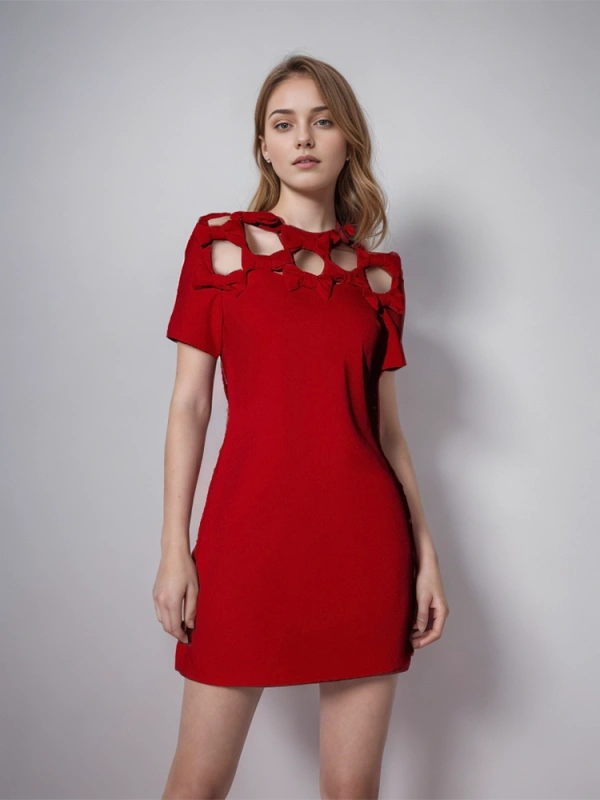 Bow Hollow Out Mini Dresses With Red New