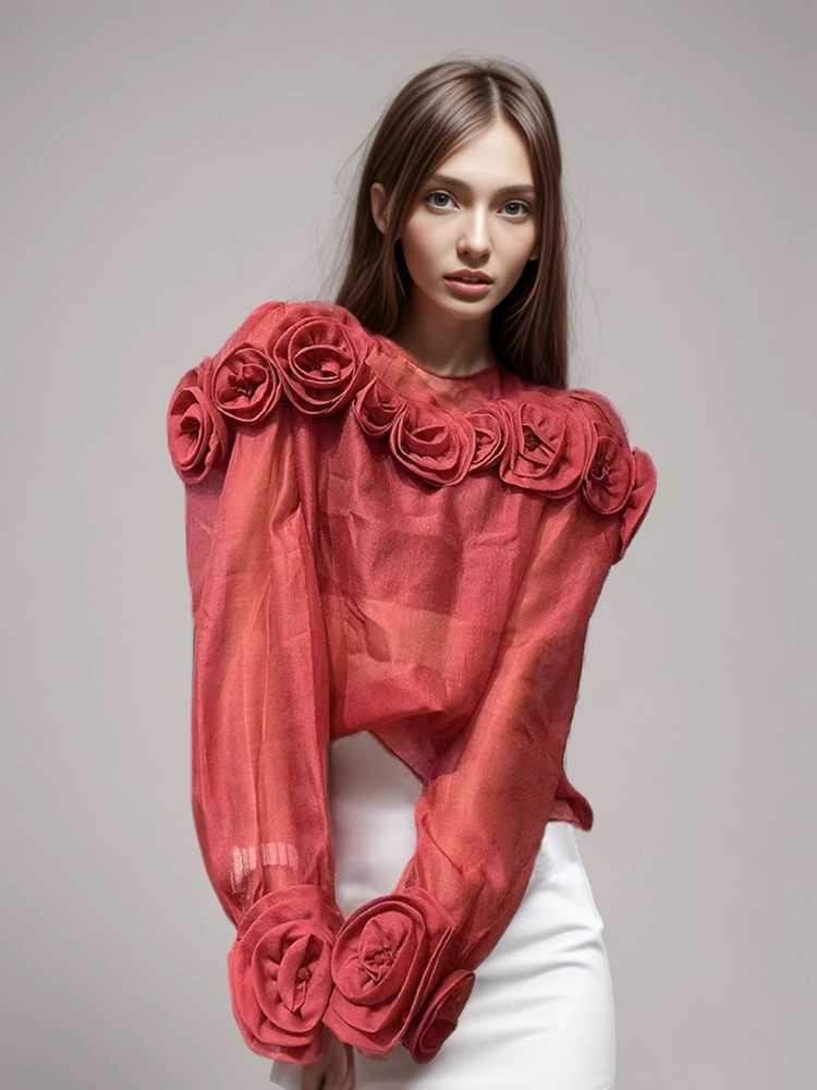 Folds Flower Round Neck Long Sleeve Women Blouse