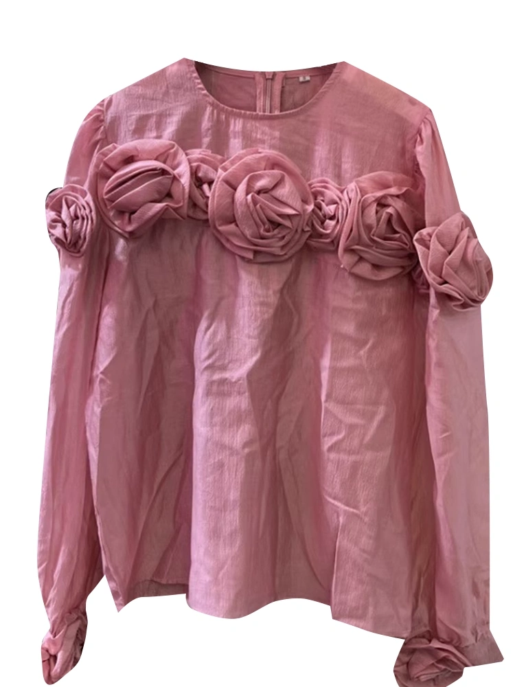 Folds Flower Round Neck Long Sleeve Women Blouse