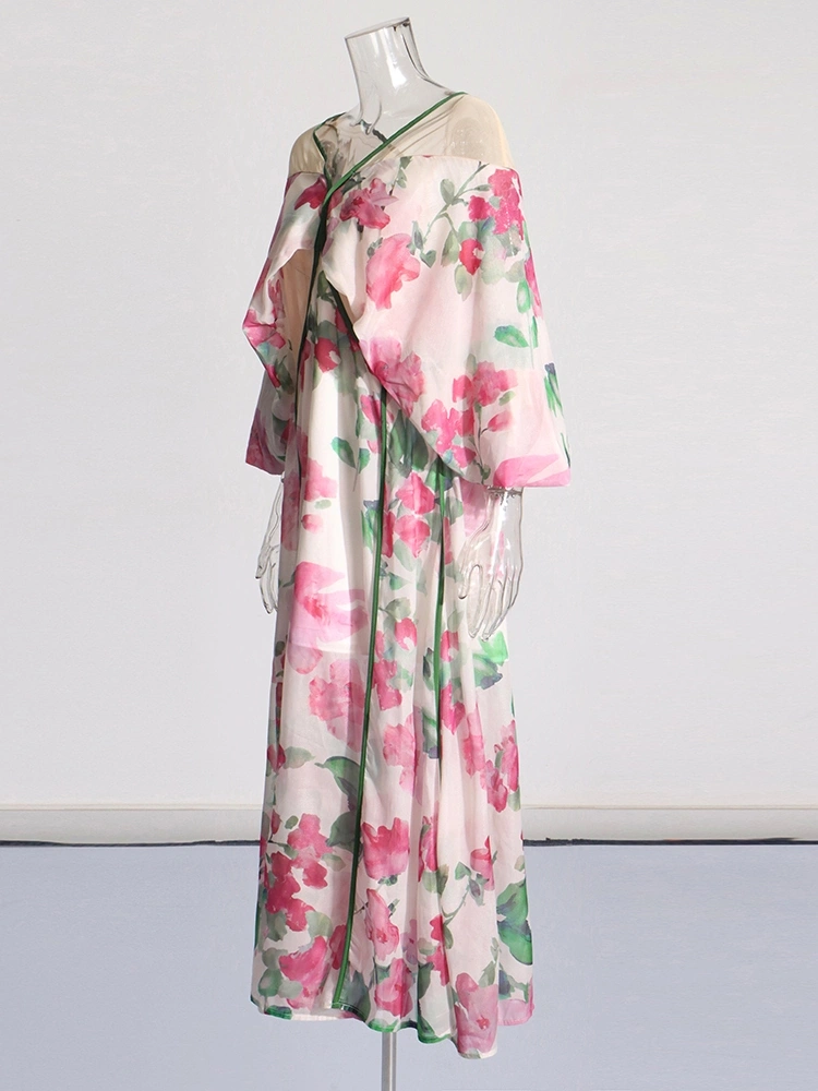 Off Shoulder Printing Bubble Sleeve Mesh Patchwork Dresses