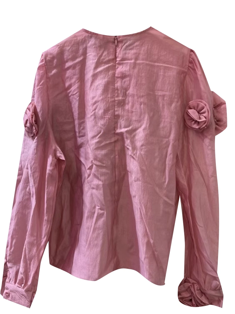 Folds Flower Round Neck Long Sleeve Women Blouse