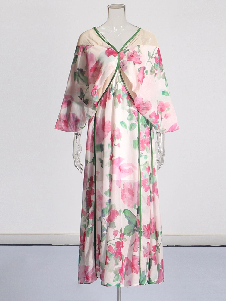 Off Shoulder Printing Bubble Sleeve Mesh Patchwork Dresses