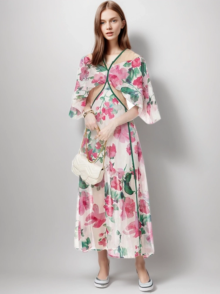 Off Shoulder Printing Bubble Sleeve Mesh Patchwork Dresses