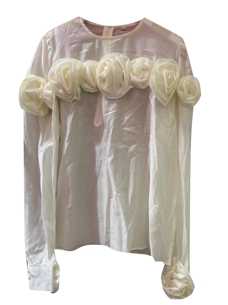 Folds Flower Round Neck Long Sleeve Women Blouse
