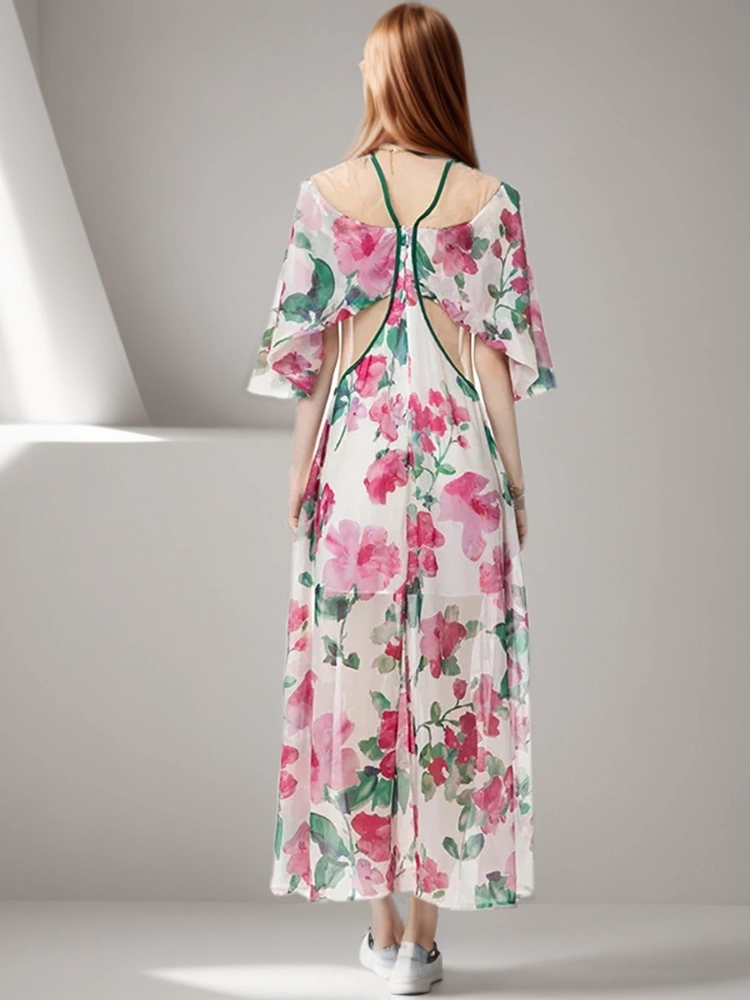 Off Shoulder Printing Bubble Sleeve Mesh Patchwork Dresses