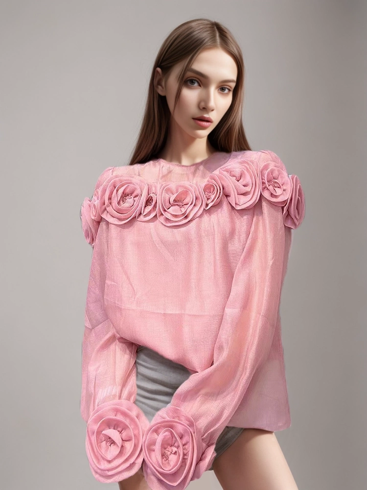 Folds Flower Round Neck Long Sleeve Women Blouse