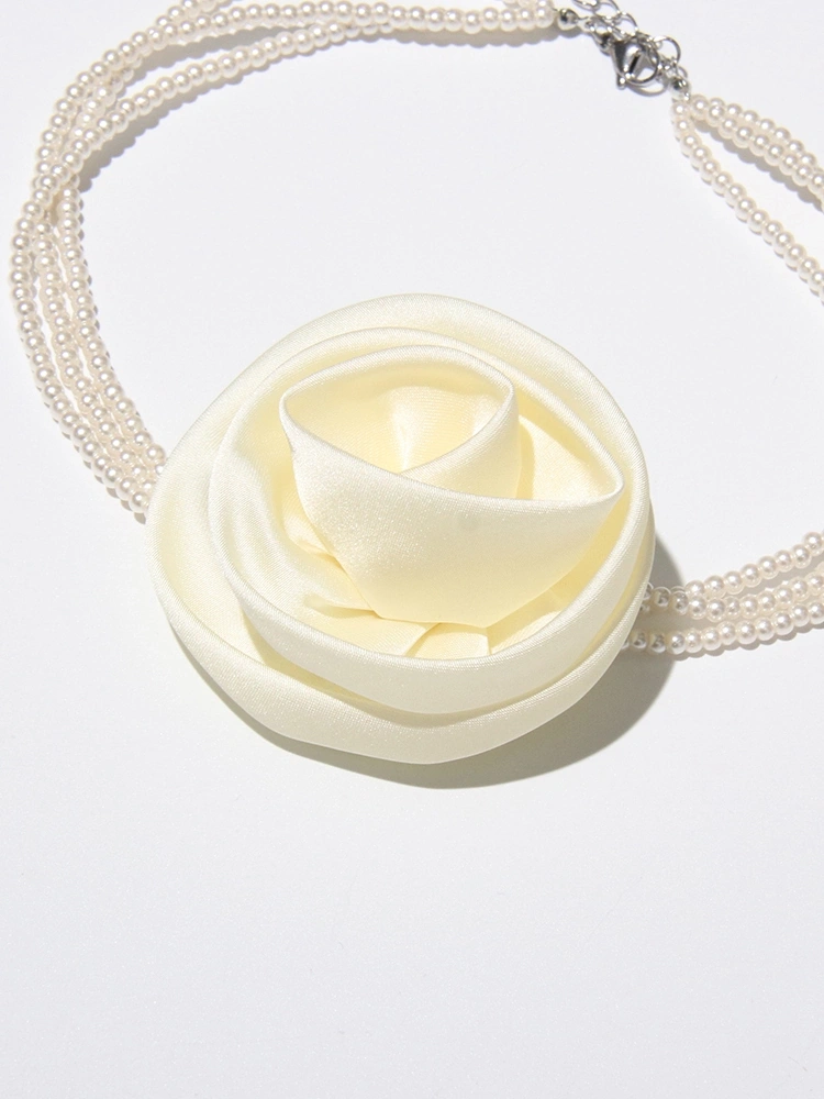 Pearl Chain Three-dimensional Rose Flower Necklace  Accessories New