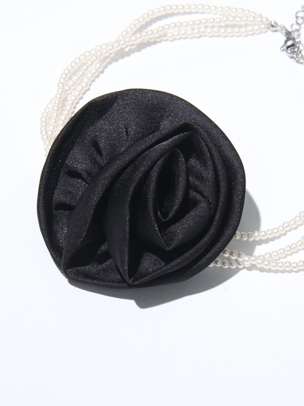 Pearl Chain Three-dimensional Rose Flower Necklace  Accessories New