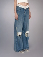 Lace Patchwork Waist Fur Tassel Wide Leg Jeans New