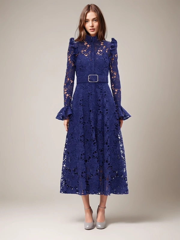 Embroidery  Stand Collar Flare Sleeve Hollow Out Vintage Dress