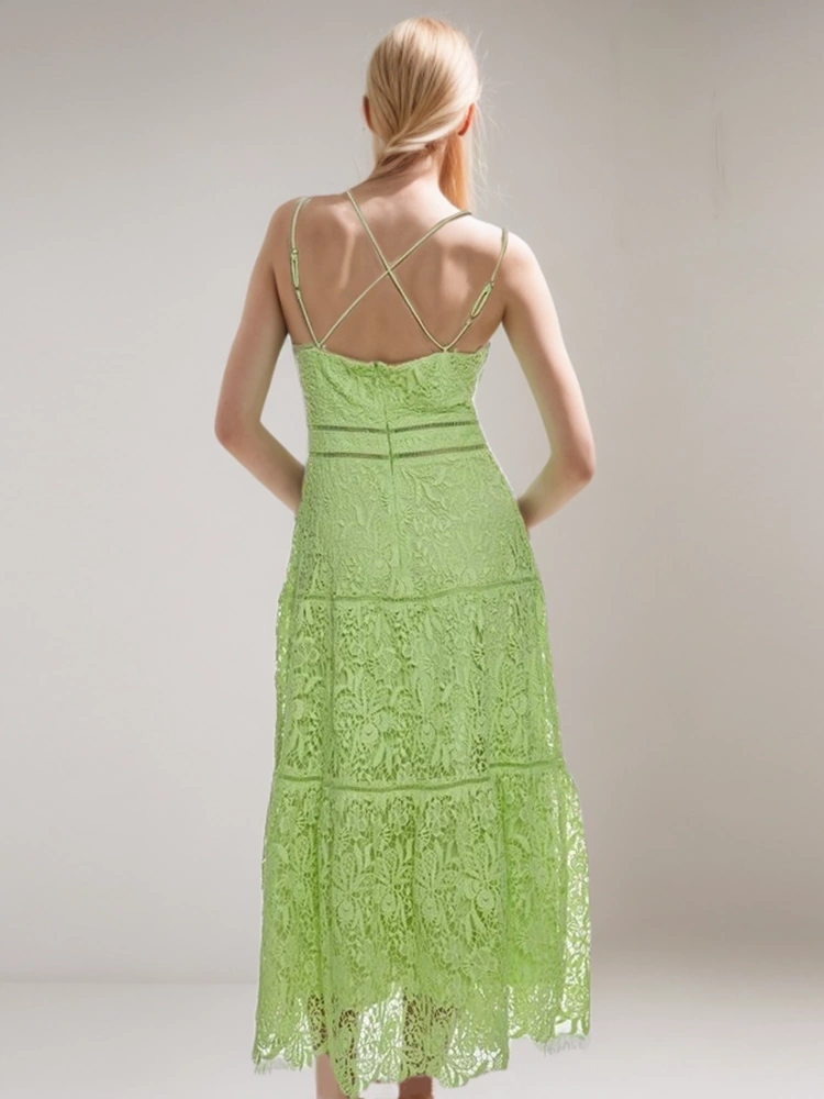Sexy Backless Lace Embroidered Hook Flower Maxi Dress