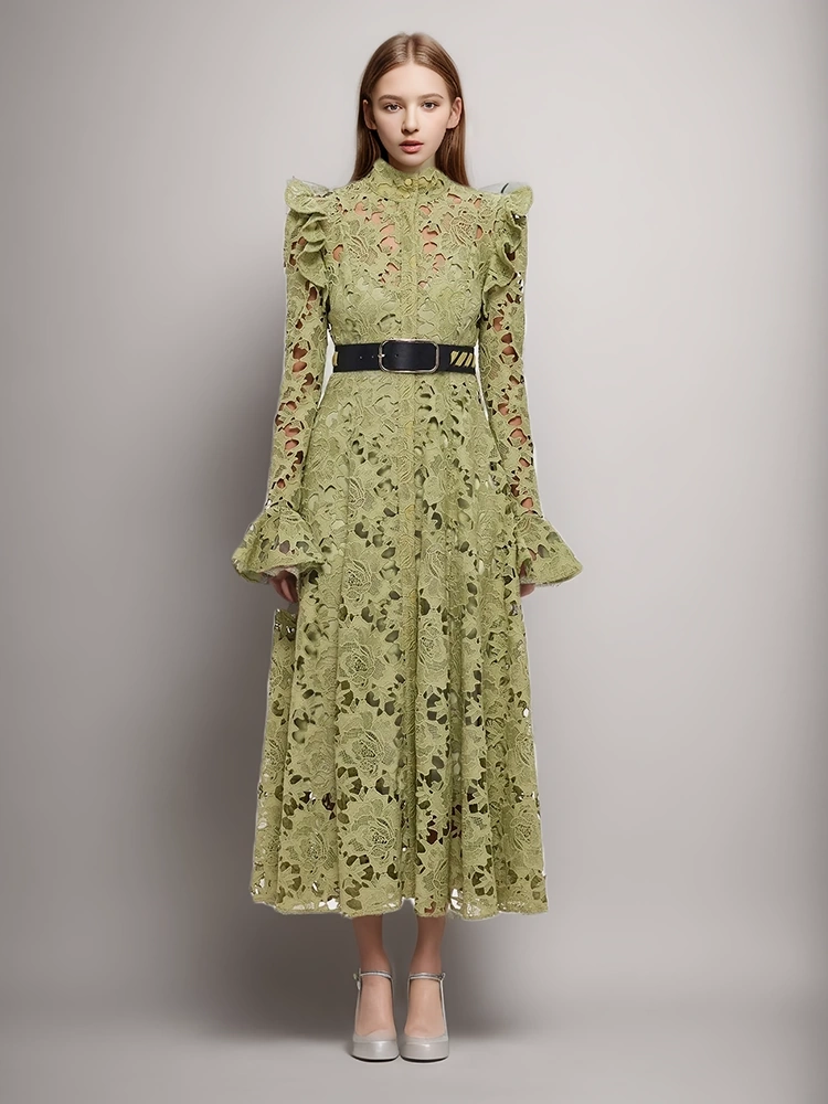 Embroidery  Stand Collar Flare Sleeve Hollow Out Vintage Dress