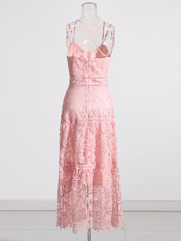Sexy Backless Lace Embroidered Hook Flower Maxi Dress
