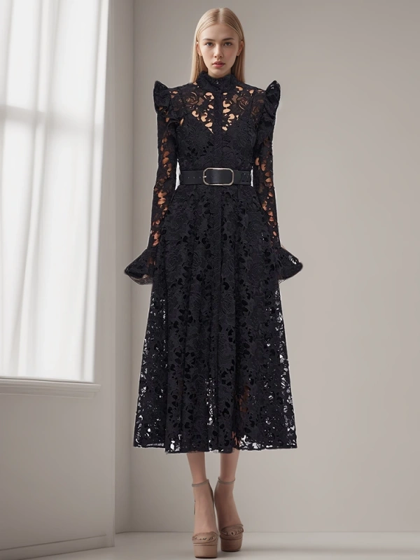 Embroidery  Stand Collar Flare Sleeve Hollow Out Vintage Dress