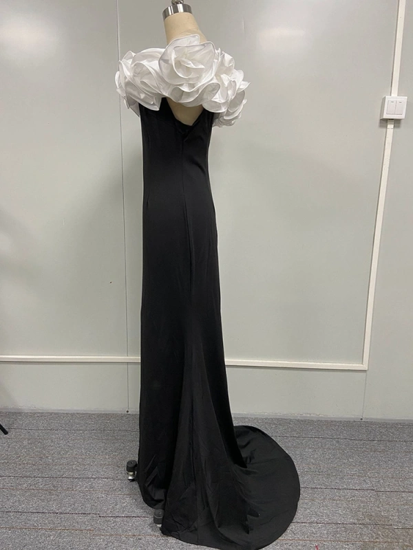Black High Waist Wrapped Slit Big Hem Flower  Design Party Dresses