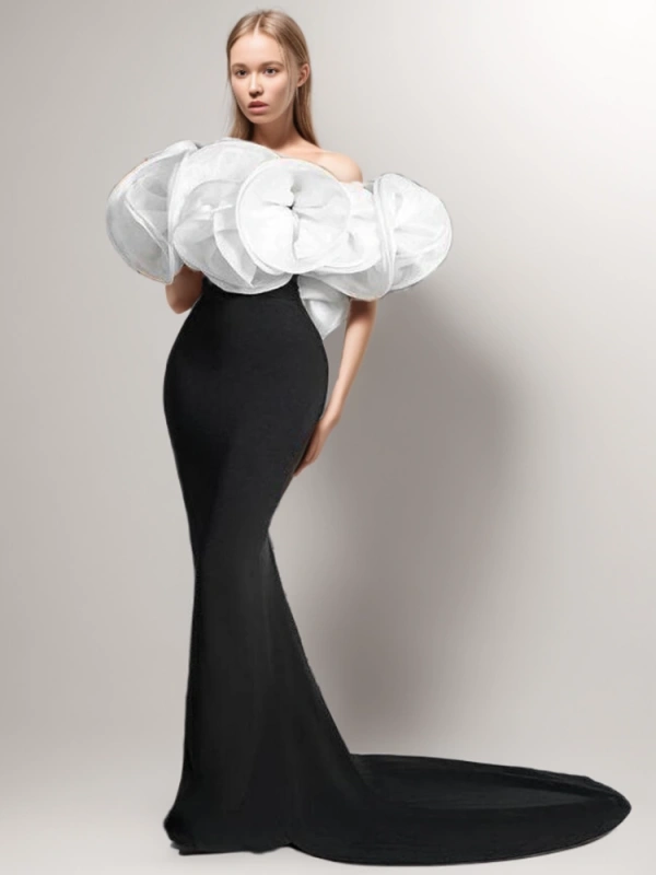 Black High Waist Wrapped Slit Big Hem Flower  Design Party Dresses