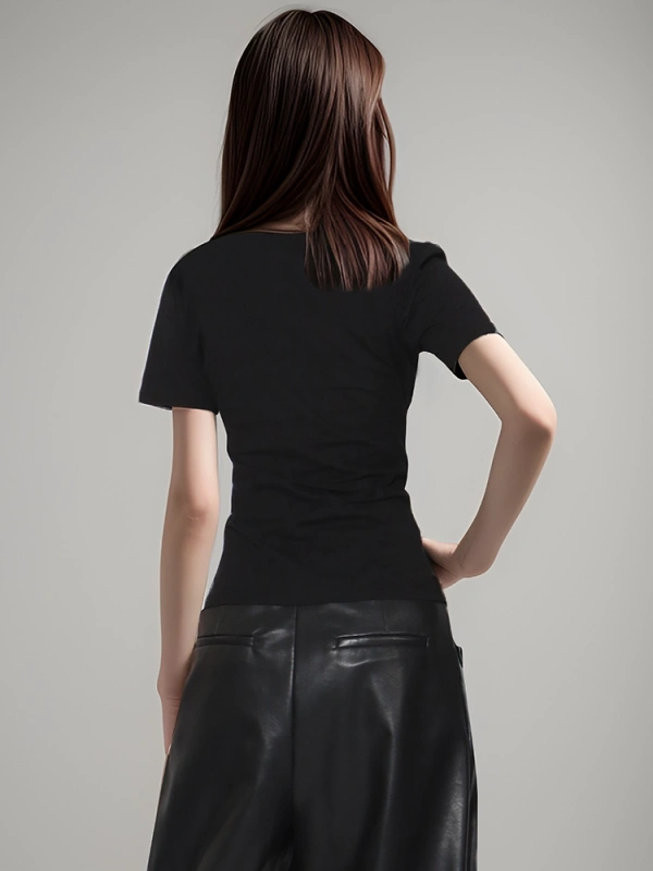 Design Inspired Diagonal Shoulder Hollow Short Sleeve T-shirt