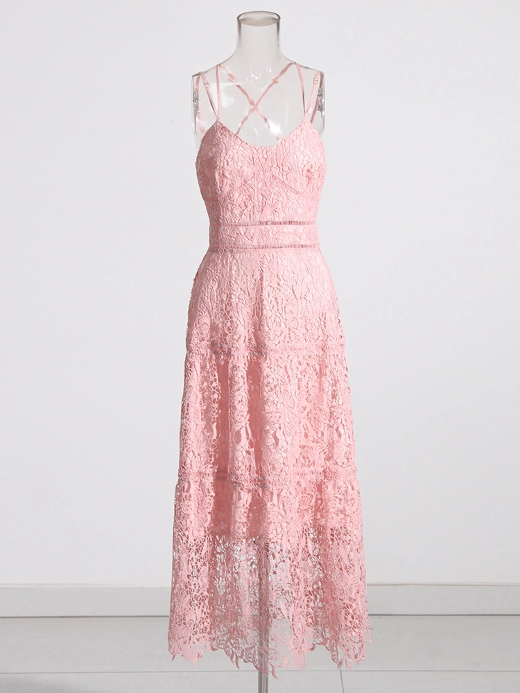 Sexy Backless Lace Embroidered Hook Flower Maxi Dress