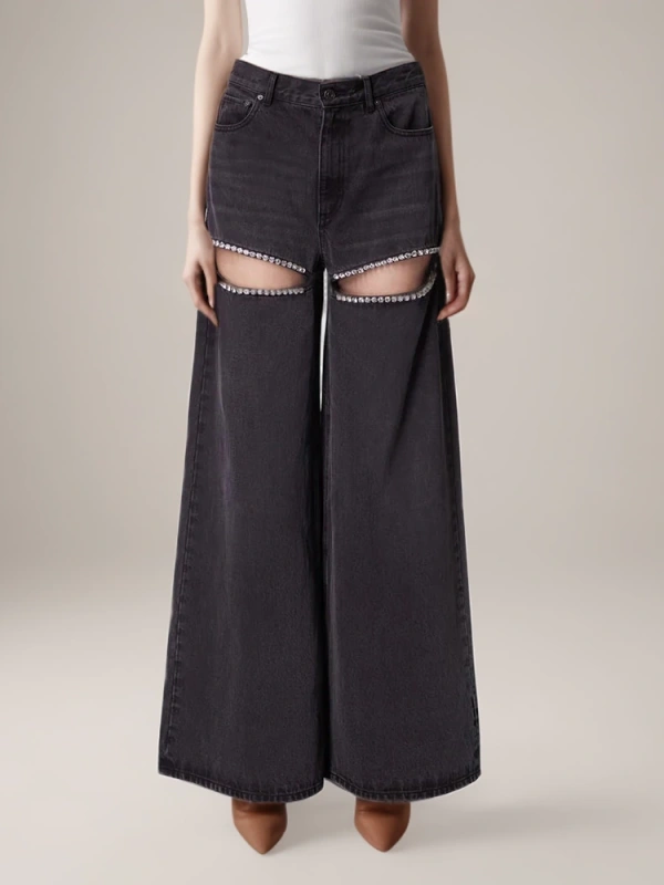 Diamonds Studded Hollow Out Wide Leg Jeans