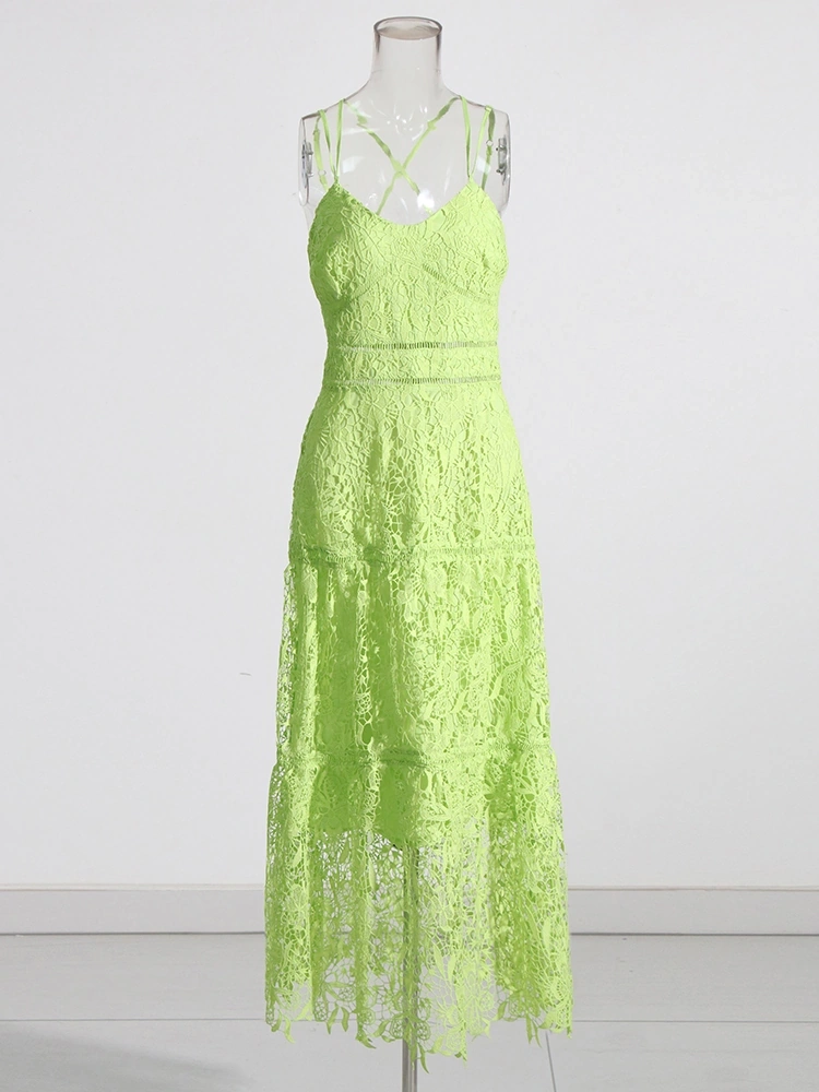 Sexy Backless Lace Embroidered Hook Flower Maxi Dress
