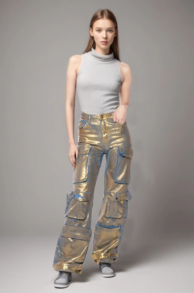 Retro Painted Panel Pocket High Waist Pants
