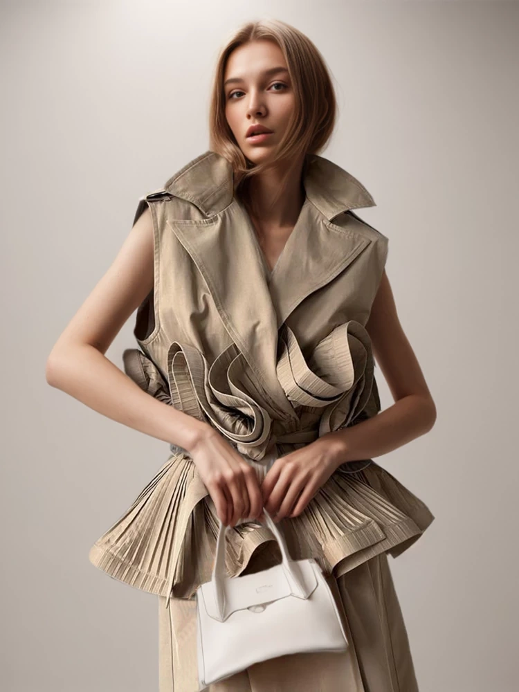 Vintage Lapel Sleeveless Vest Ruffle Edge