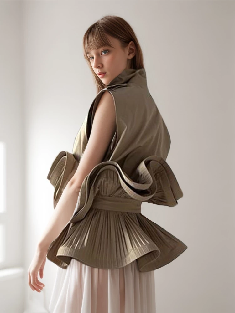 Vintage Lapel Sleeveless Vest Ruffle Edge
