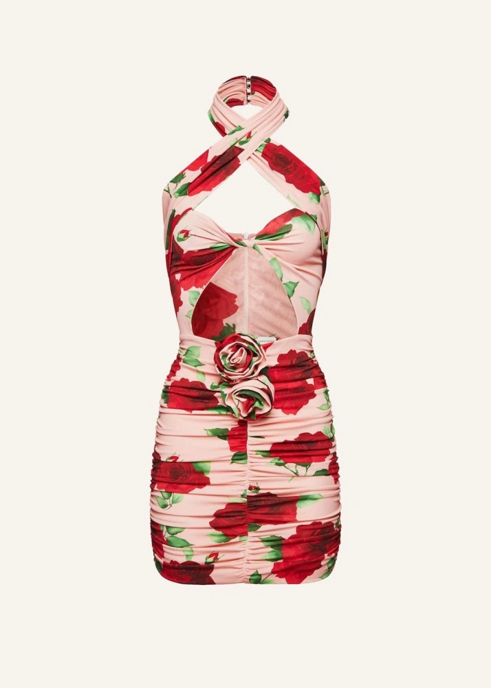 Hanging Neck Slimming Tight Hollow Out Flower Pleated Bandage Dresses