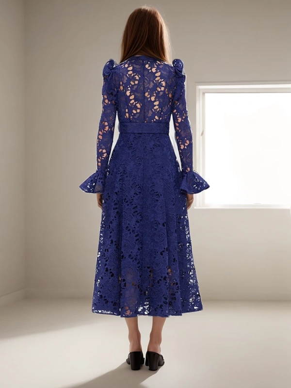 Embroidery  Stand Collar Flare Sleeve Hollow Out Vintage Dress