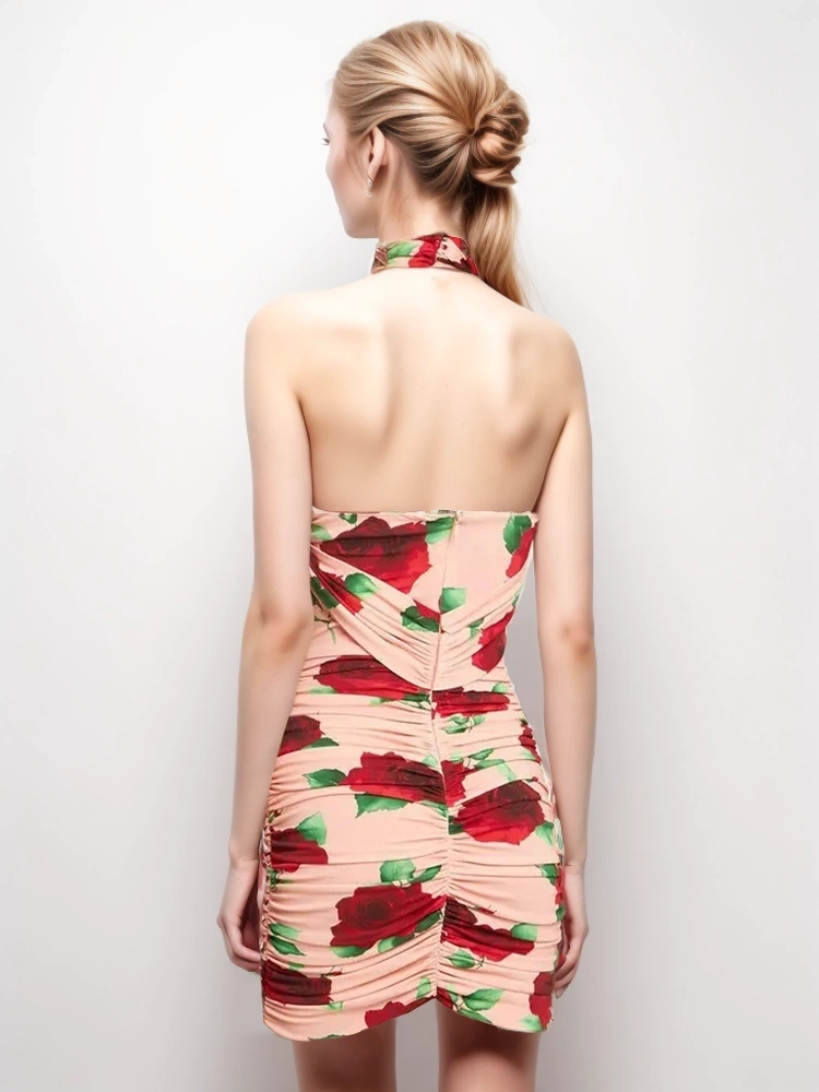 Hanging Neck Slimming Tight Hollow Out Flower Pleated Bandage Dresses