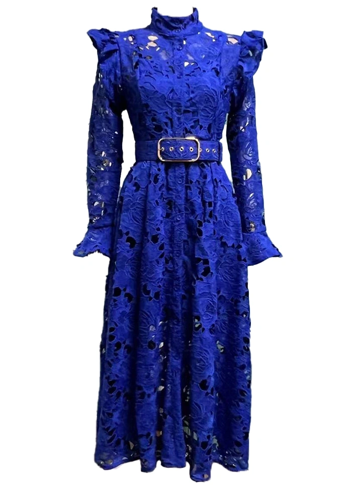 Embroidery  Stand Collar Flare Sleeve Hollow Out Vintage Dress
