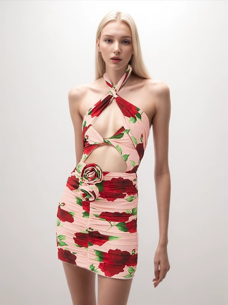 Hanging Neck Slimming Tight Hollow Out Flower Pleated Bandage Dresses