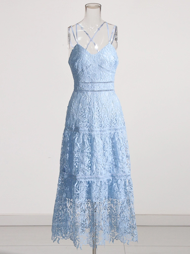 Sexy Backless Lace Embroidered Hook Flower Maxi Dress