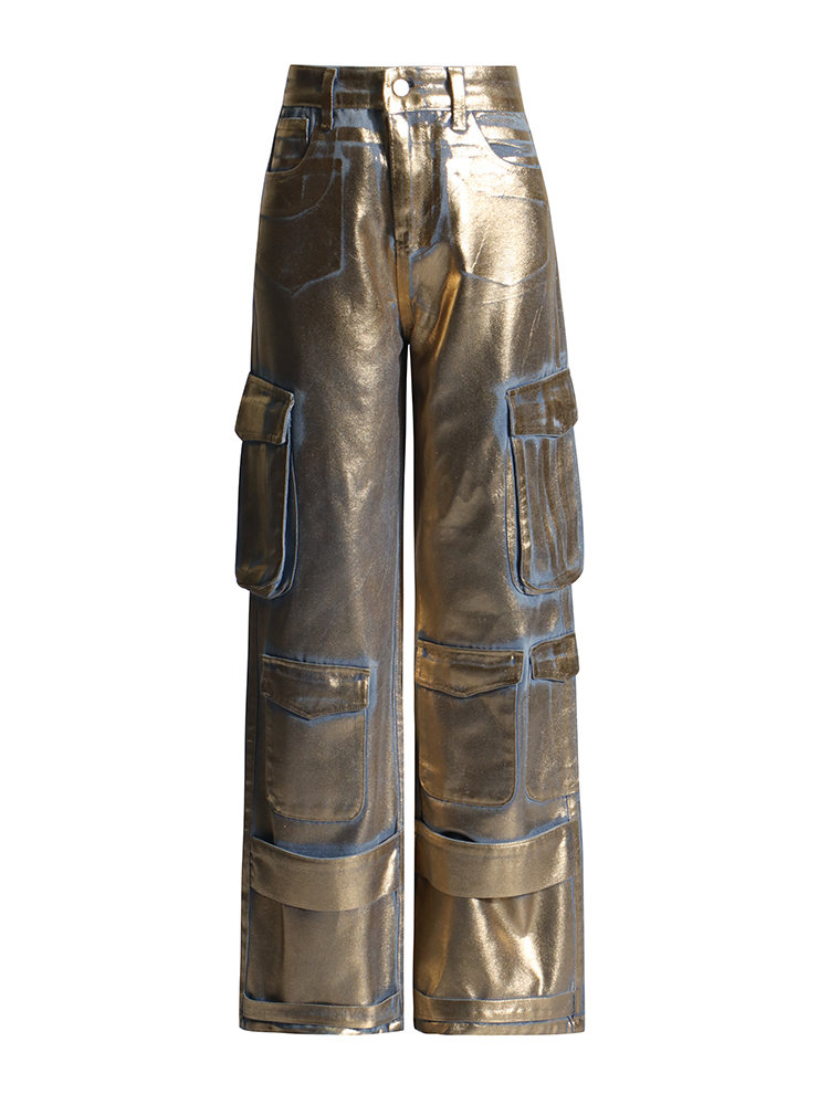 Retro Painted Panel Pocket High Waist Pants