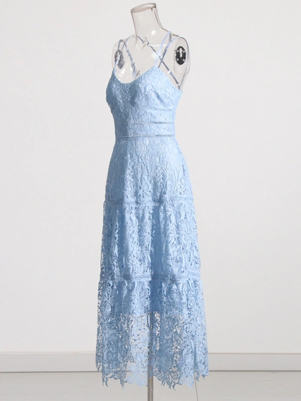 Sexy Backless Lace Embroidered Hook Flower Maxi Dress