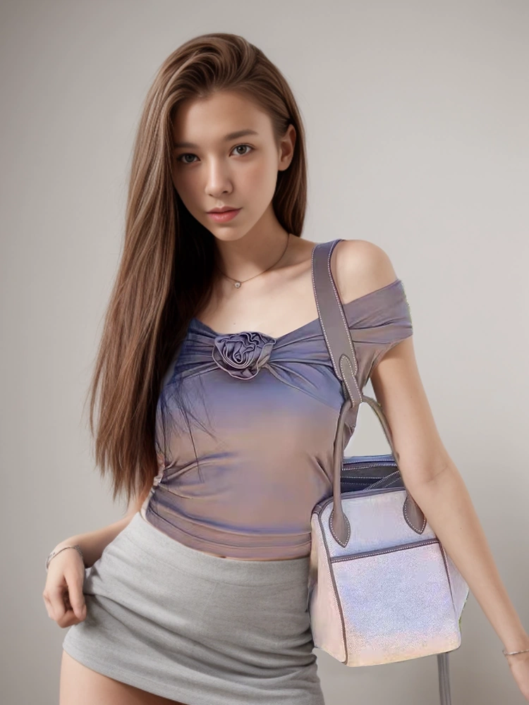 3D Rose One Shoulder Sleeveless Short Top Splicy T- shirt