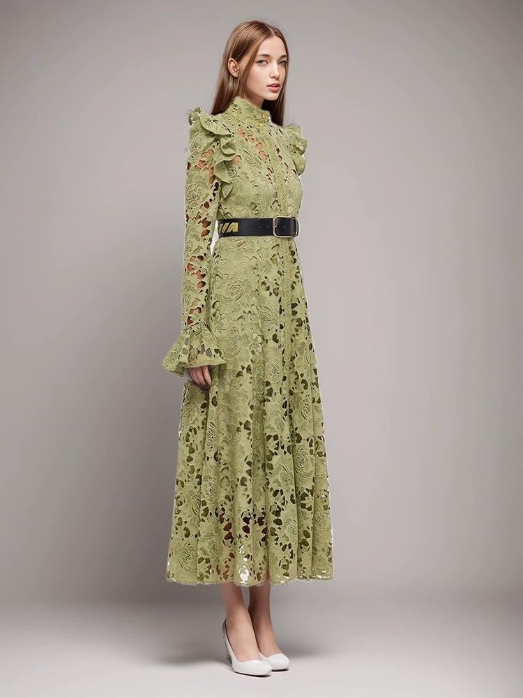 Embroidery  Stand Collar Flare Sleeve Hollow Out Vintage Dress