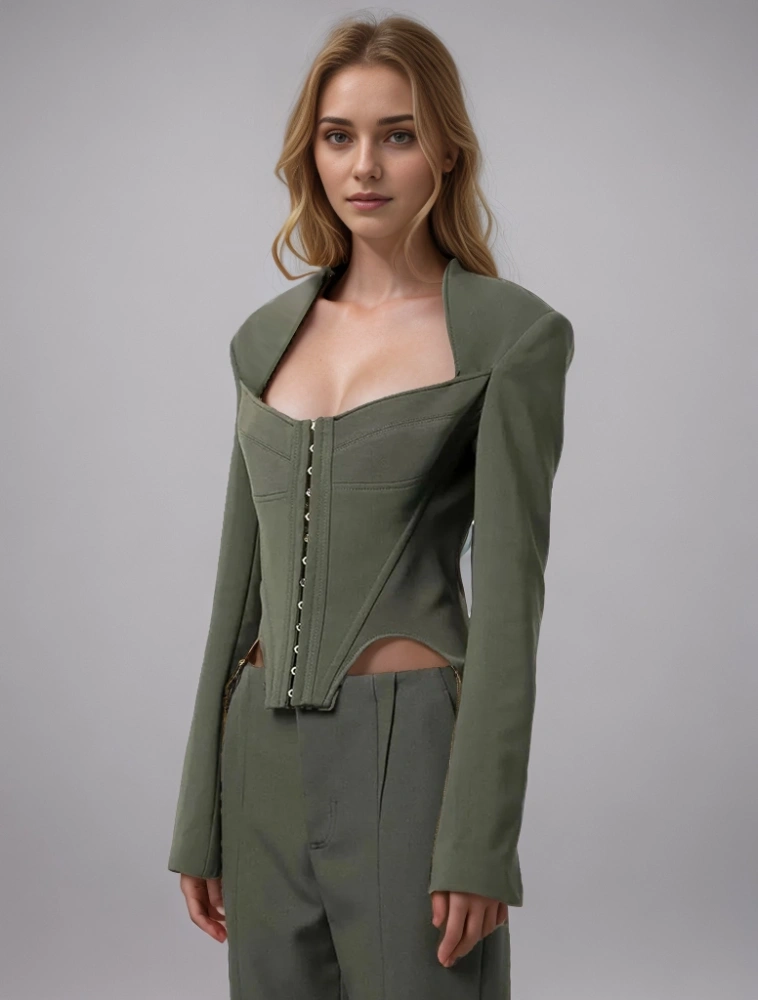 Slimming Square Collar Metal Buckle Splicing Suit Jacket