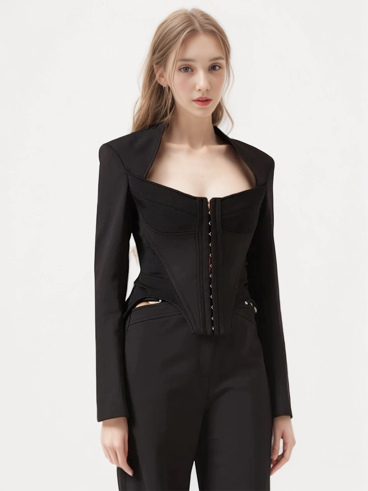 Slimming Square Collar Metal Buckle Splicing Suit Jacket