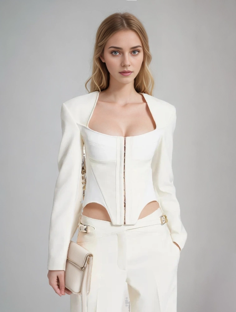 Slimming Square Collar Metal Buckle Splicing Suit Jacket