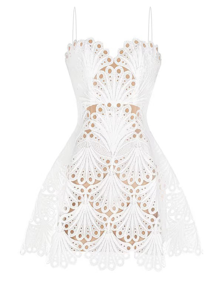 White  Mini Baceless Sundress With Lace Embroidered New