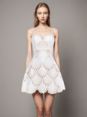 White  Mini Baceless Sundress With Lace Embroidered New